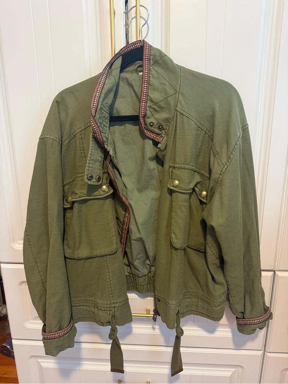 Free People Olive Green Utility Jacket with Brown Trim